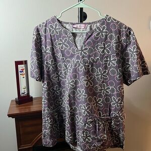 ScrubWorks Gray and Purple Floral Top